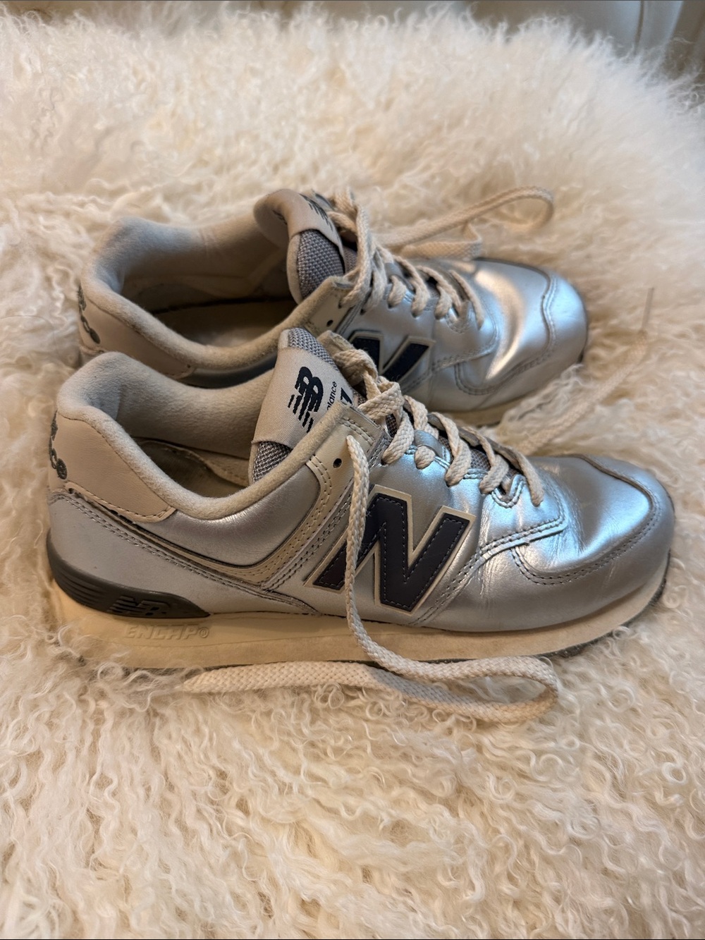 New Balance Women’s Metallic Silver and Navy 'N' Lace-Up Sneakers